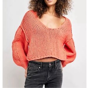 Free People Sea Bright Pullover Cropped Oversized Chunky Knit Sweater Size Large